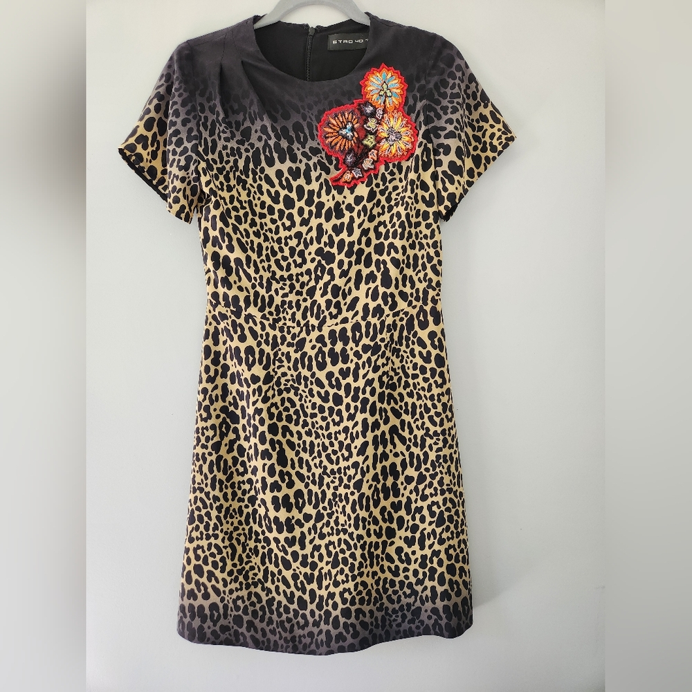 Etro Animal Print Floral Embellishment Italian Luxury Dress Sz 40